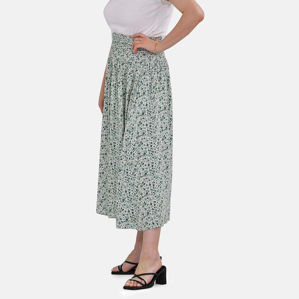 Tamsy 100% Viscose Floral Pattern Smocked Waist Culottes (Curve Size)  - Light Green