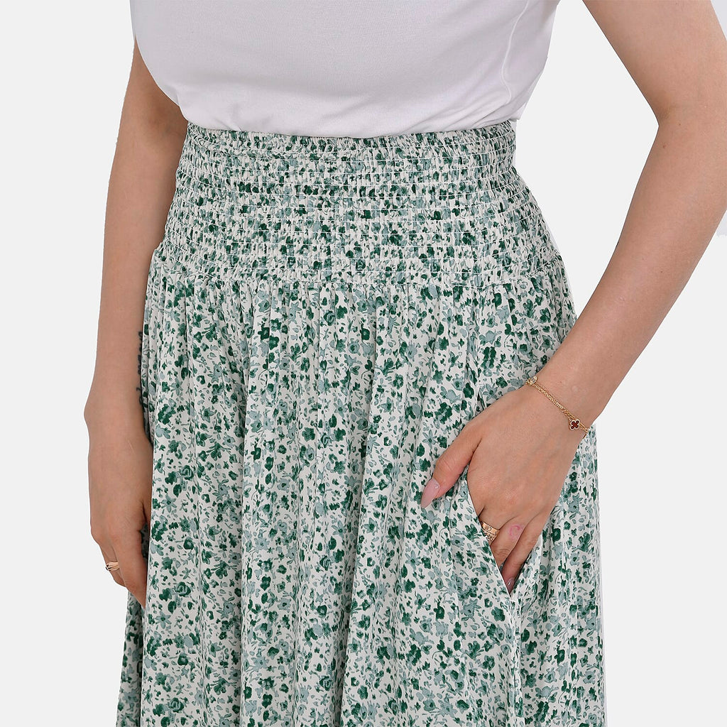 Tamsy 100% Viscose Floral Pattern Smocked Waist Culottes (Curve Size)  - Light Green