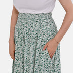 Tamsy 100% Viscose Floral Pattern Smocked Waist Culottes (Curve Size)  - Light Green
