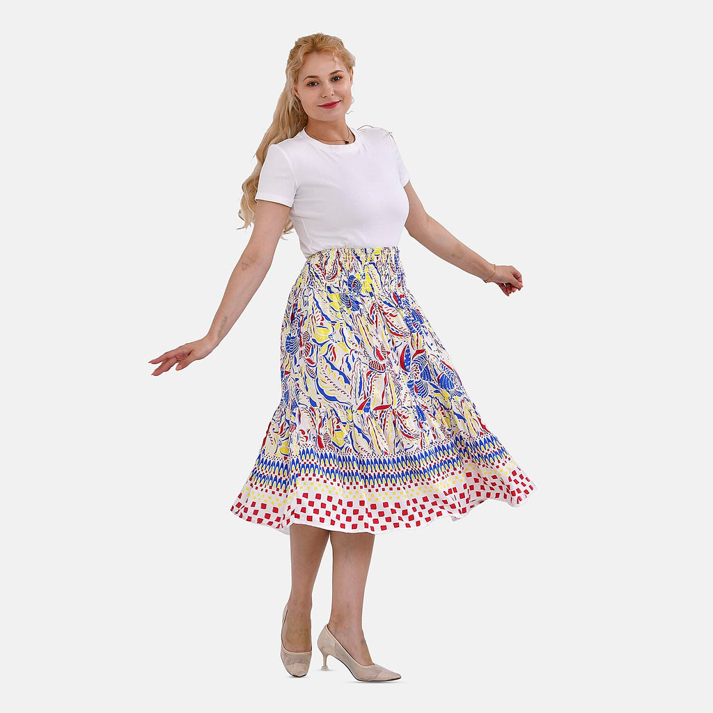 TAMSY 100% Viscose Floral Pattern Elastic Waist Summer Maxi Skirt (Fits upto 20) - White