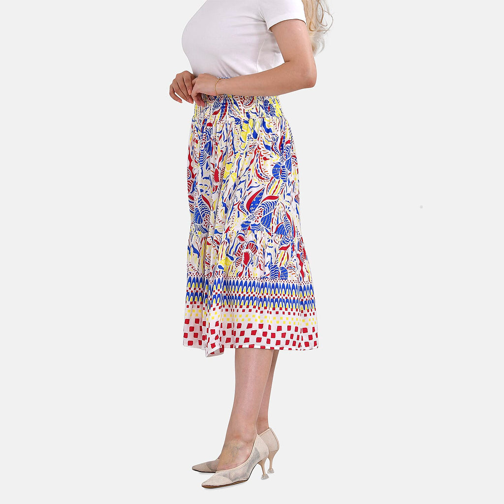 TAMSY 100% Viscose Floral Pattern Elastic Waist Summer Maxi Skirt (Fits upto 20) - White