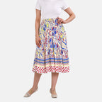 TAMSY 100% Viscose Floral Pattern Elastic Waist Summer Maxi Skirt (Fits upto 20) - White