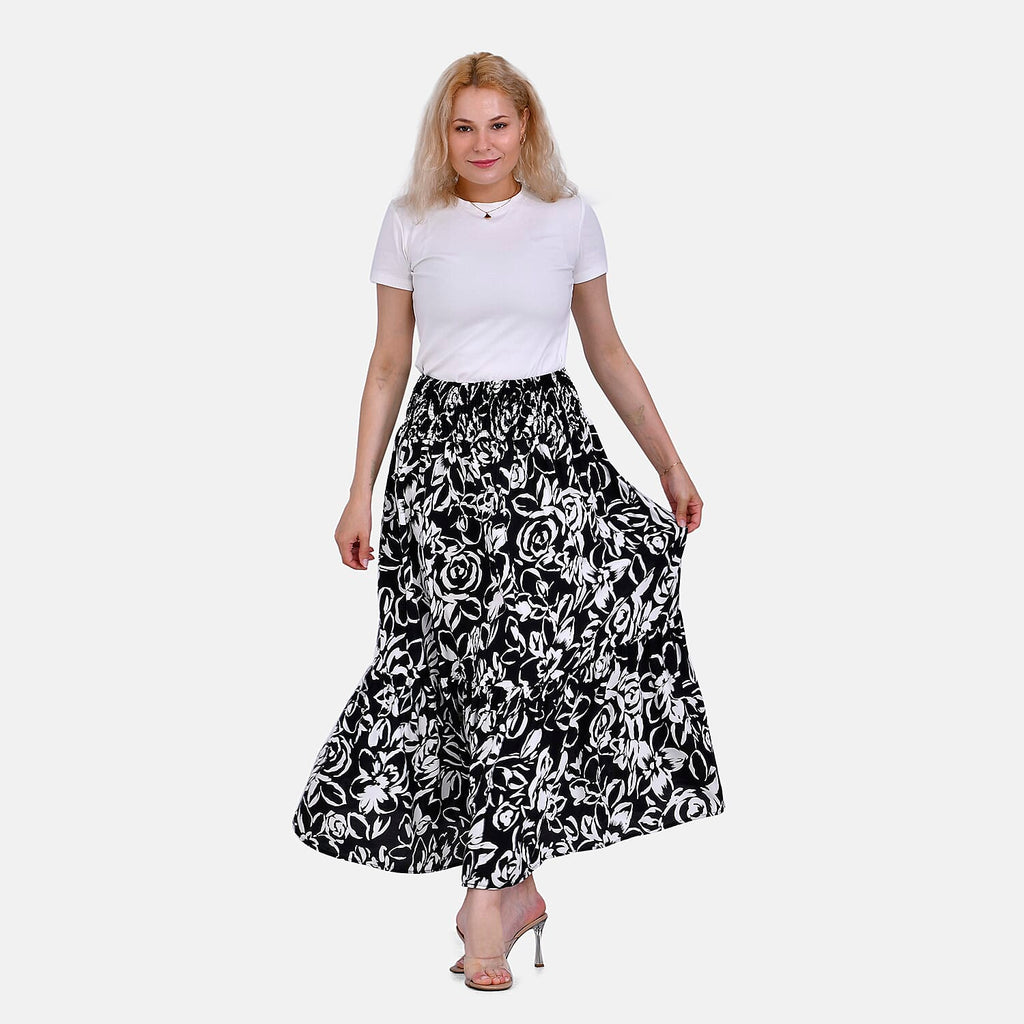TAMSY 100% Viscose Elastic Waist Summer Floral Print Maxi Skirt (One Size) - Black