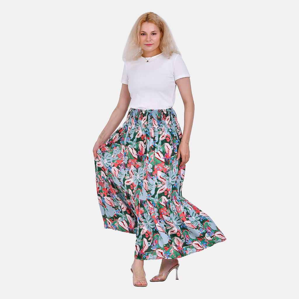 TAMSY 100% Viscose Elastic Waist Summer Floral Print Maxi Skirt (One Size) - Green