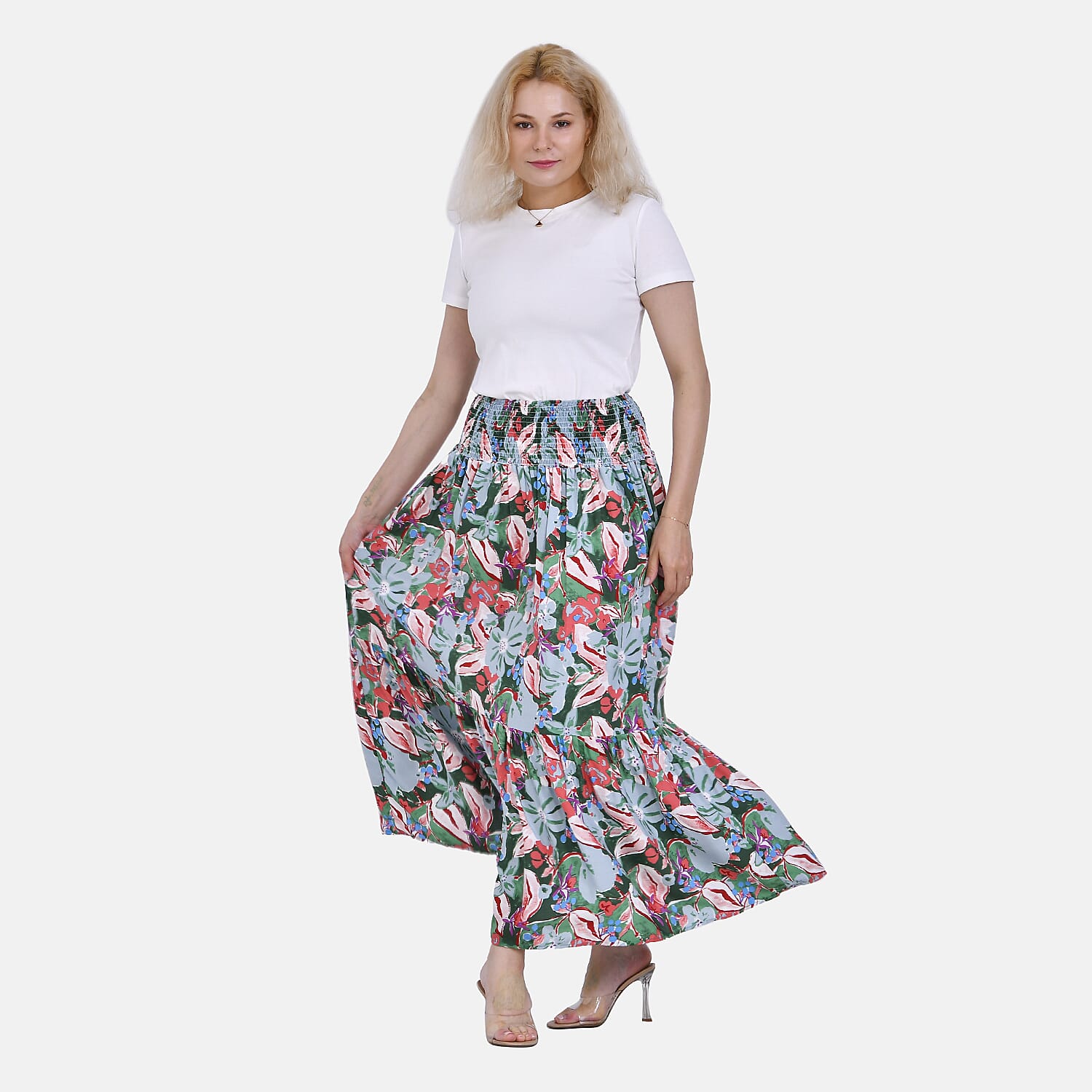 TAMSY 100% Viscose Elastic Waist Summer Floral Print Maxi Skirt (One Size) - Green