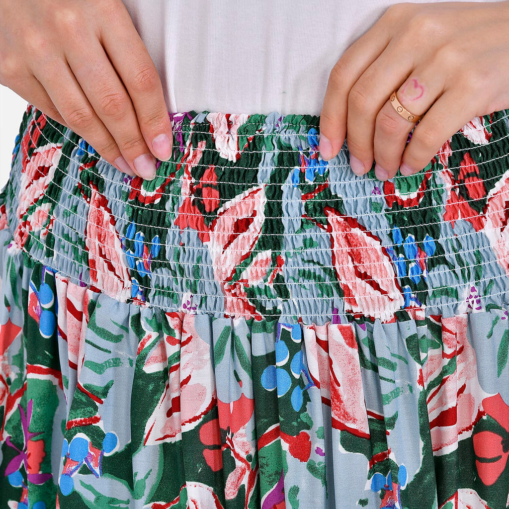 TAMSY 100% Viscose Elastic Waist Summer Floral Print Maxi Skirt (One Size) - Green