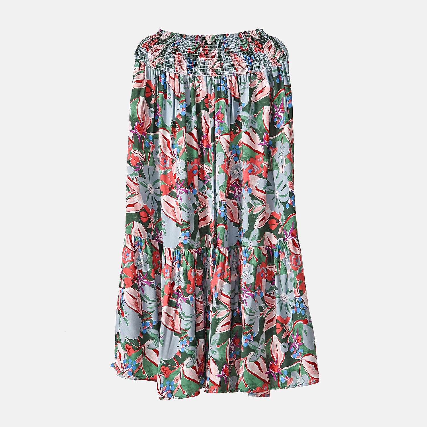TAMSY 100% Viscose Elastic Waist Summer Floral Print Maxi Skirt (One Size) - Green