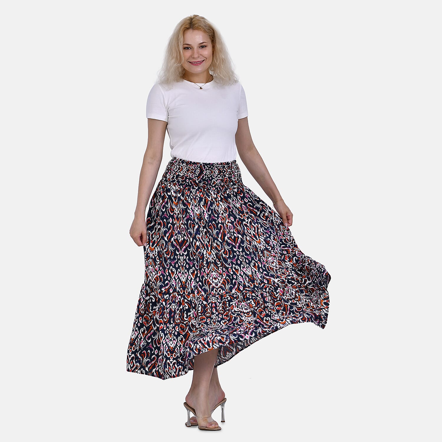 TAMSY 100% Viscose Elastic Waist Summer Floral Print Maxi Skirt (One Size) - Pink