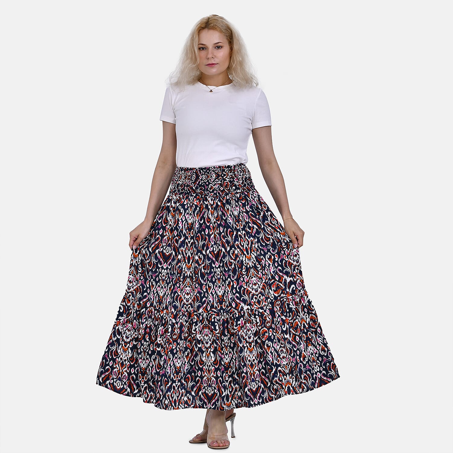 TAMSY 100% Viscose Elastic Waist Summer Floral Print Maxi Skirt (One Size) - Pink
