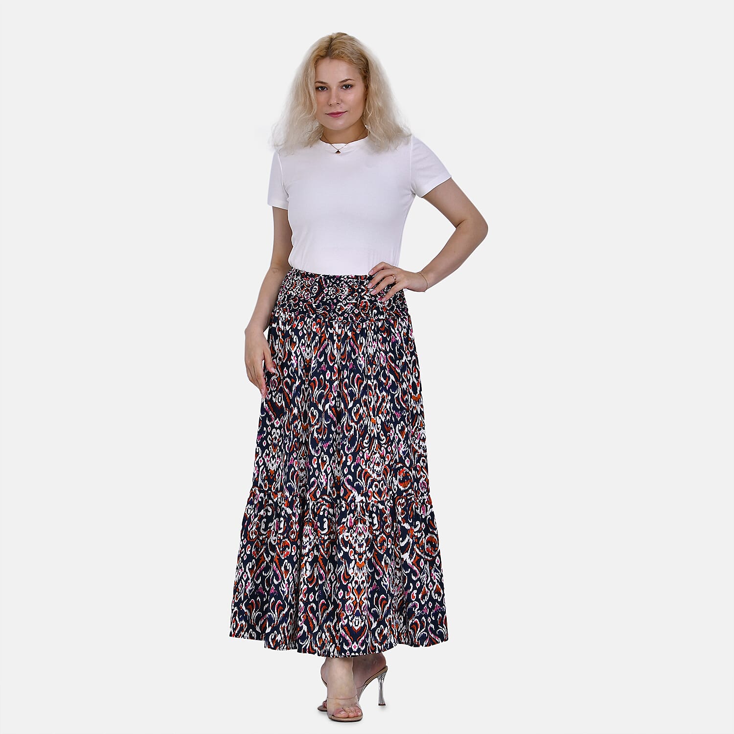 TAMSY 100% Viscose Elastic Waist Summer Floral Print Maxi Skirt (One Size) - Pink