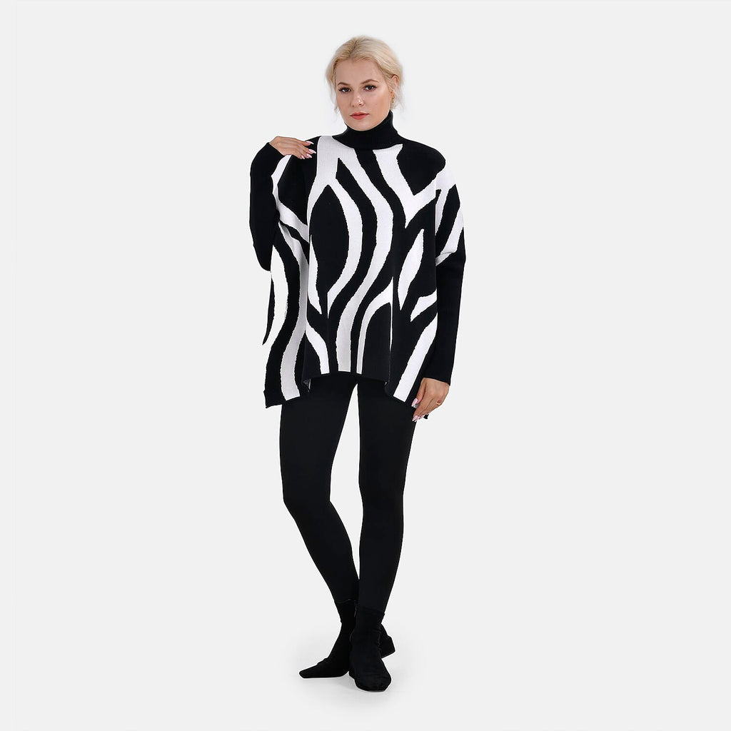 Tamsy Crew Neck Irregular Pattern Stripe Jumper (One Size Upto 18) - Black 50% Viscose