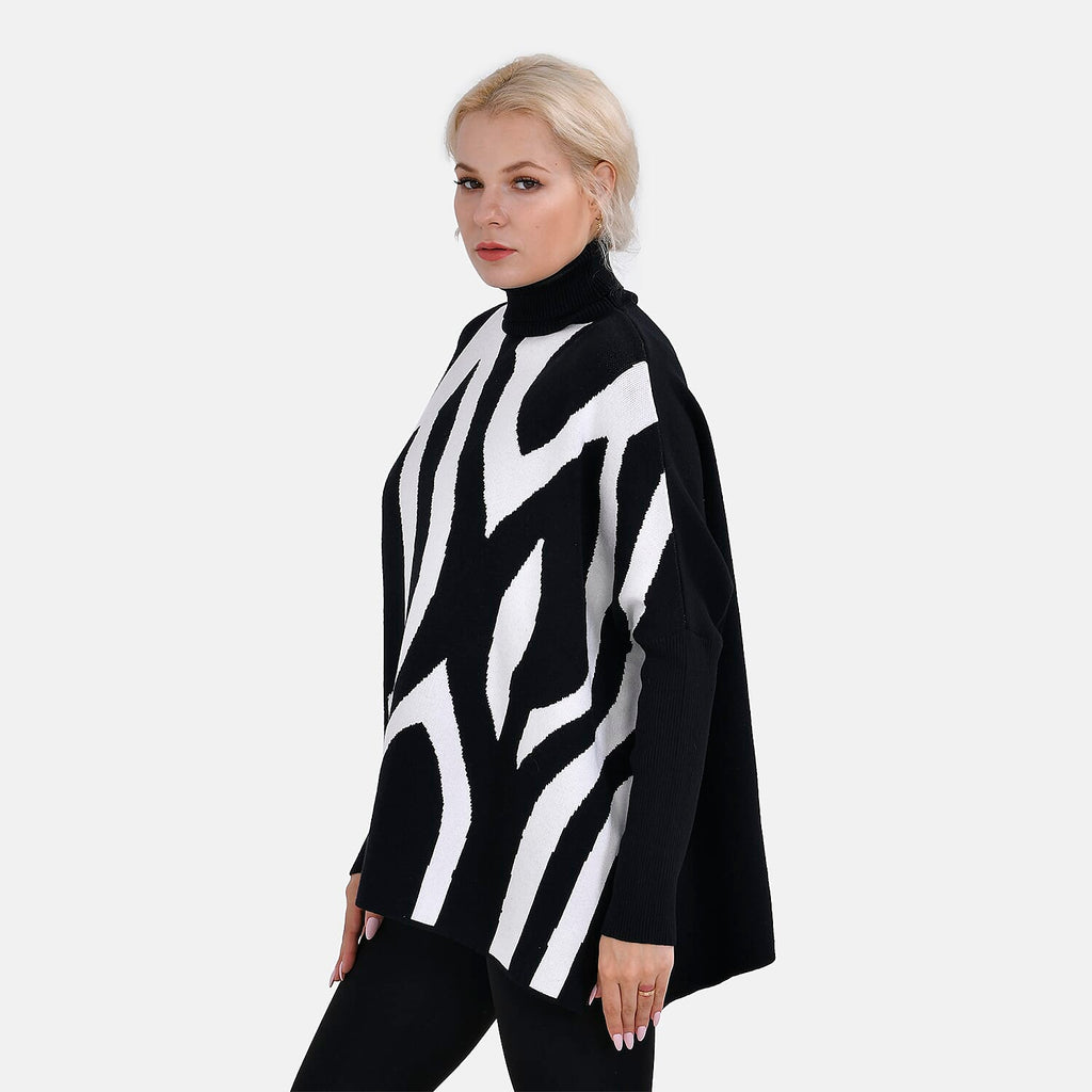 Tamsy Crew Neck Irregular Pattern Stripe Jumper (One Size Upto 18) - Black 50% Viscose