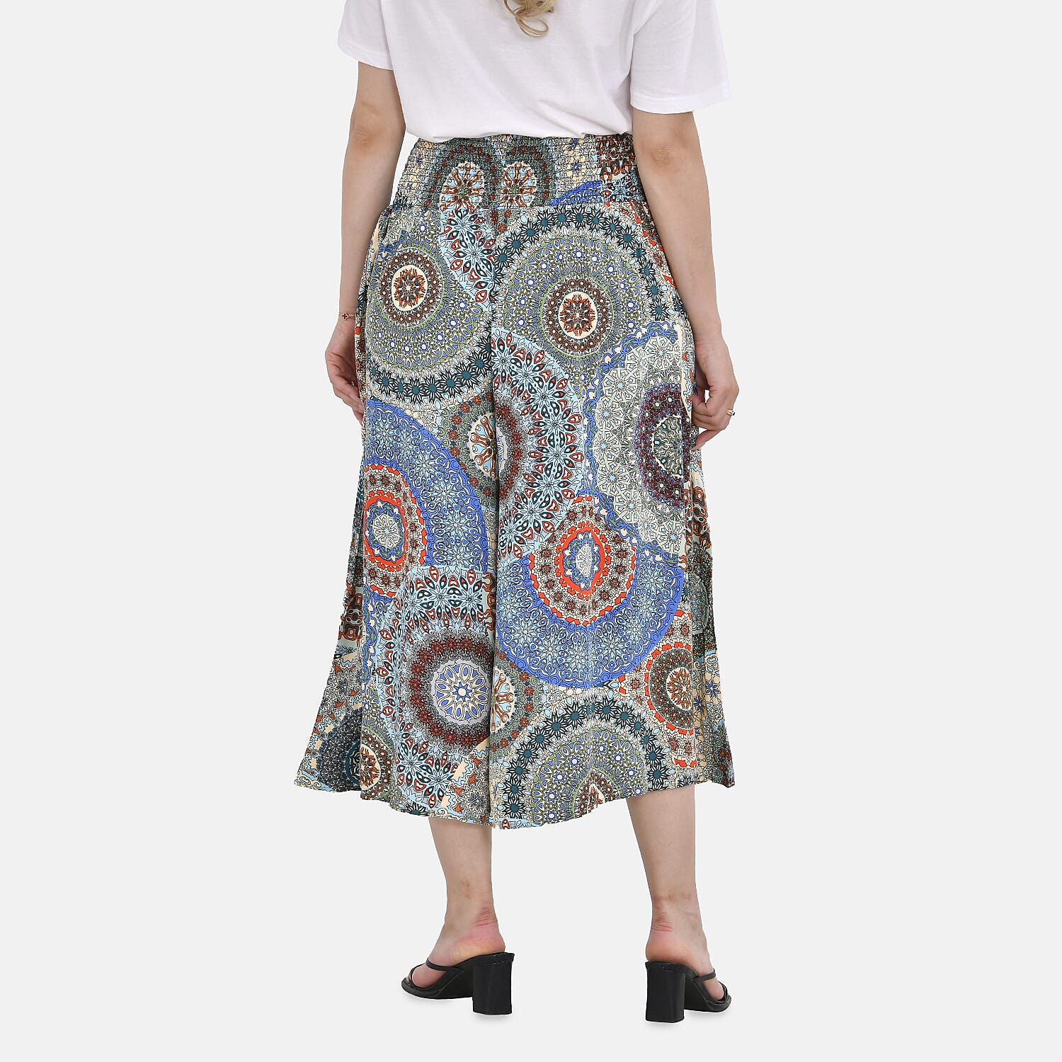 TAMSY 100% Viscose Mandala Pattern Smocked Waist Culotte (One Size Curve) - Blue
