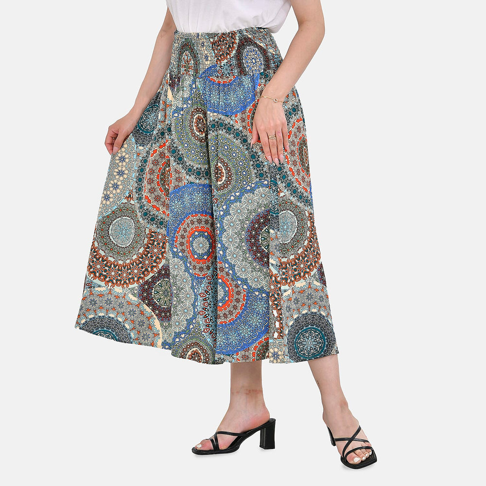 TAMSY 100% Viscose Mandala Pattern Smocked Waist Culotte (One Size Curve) - Blue