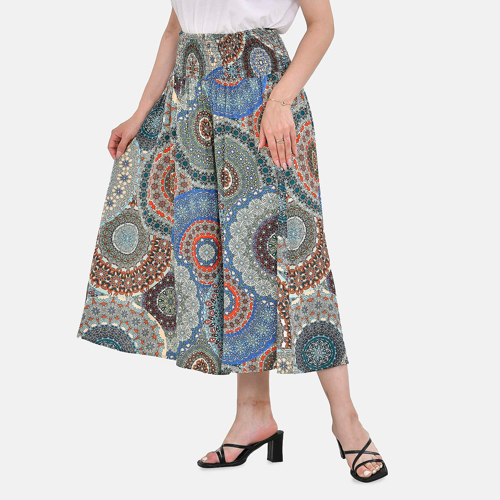 TAMSY 100% Viscose Mandala Pattern Smocked Waist Culotte (One Size Curve) - Blue