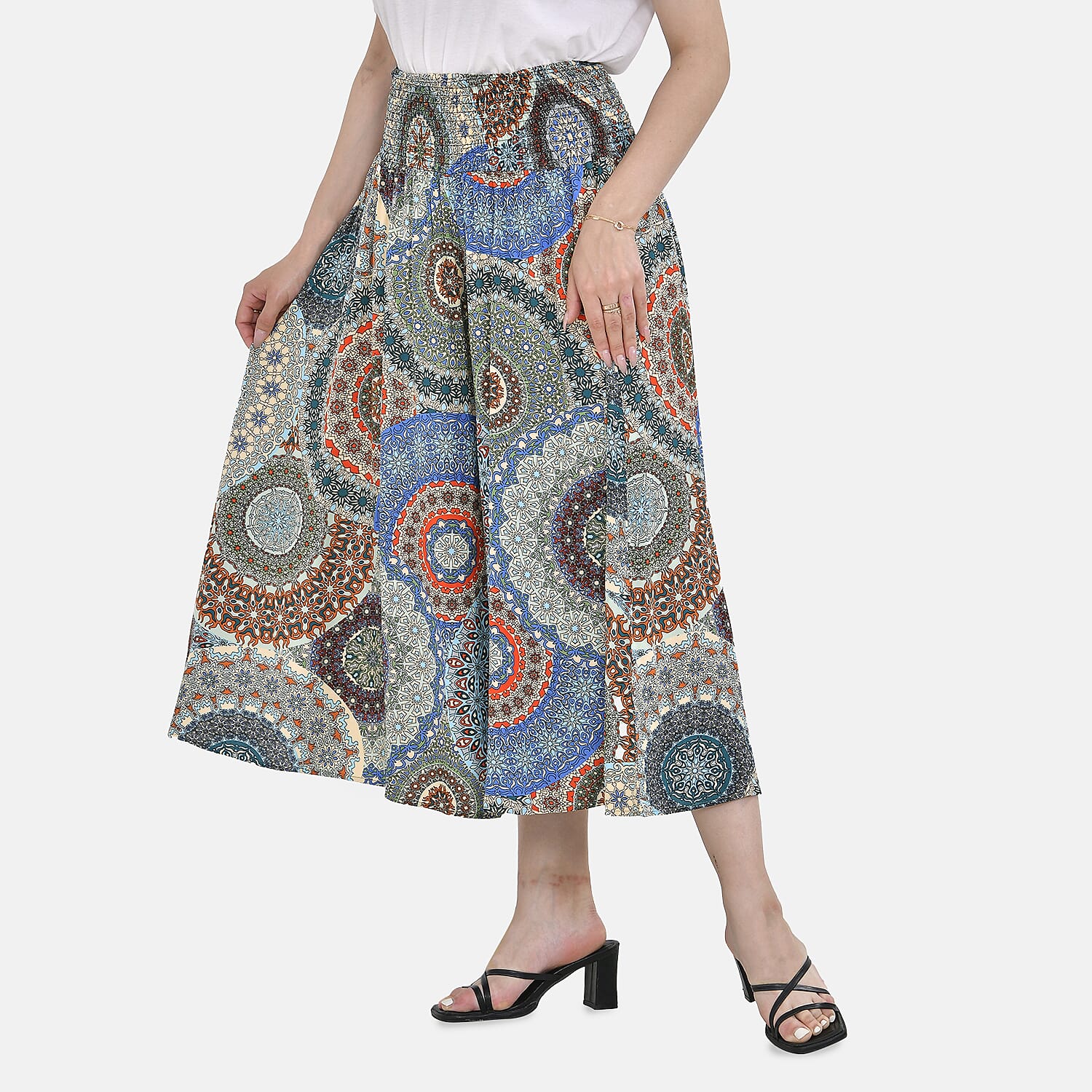 TAMSY 100% Viscose Mandala Pattern Smocked Waist Culotte (One Size Curve) - Blue