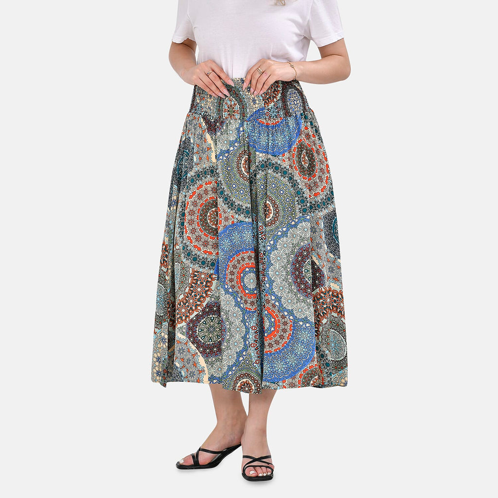 TAMSY 100% Viscose Mandala Pattern Smocked Waist Culotte (One Size Curve) - Blue