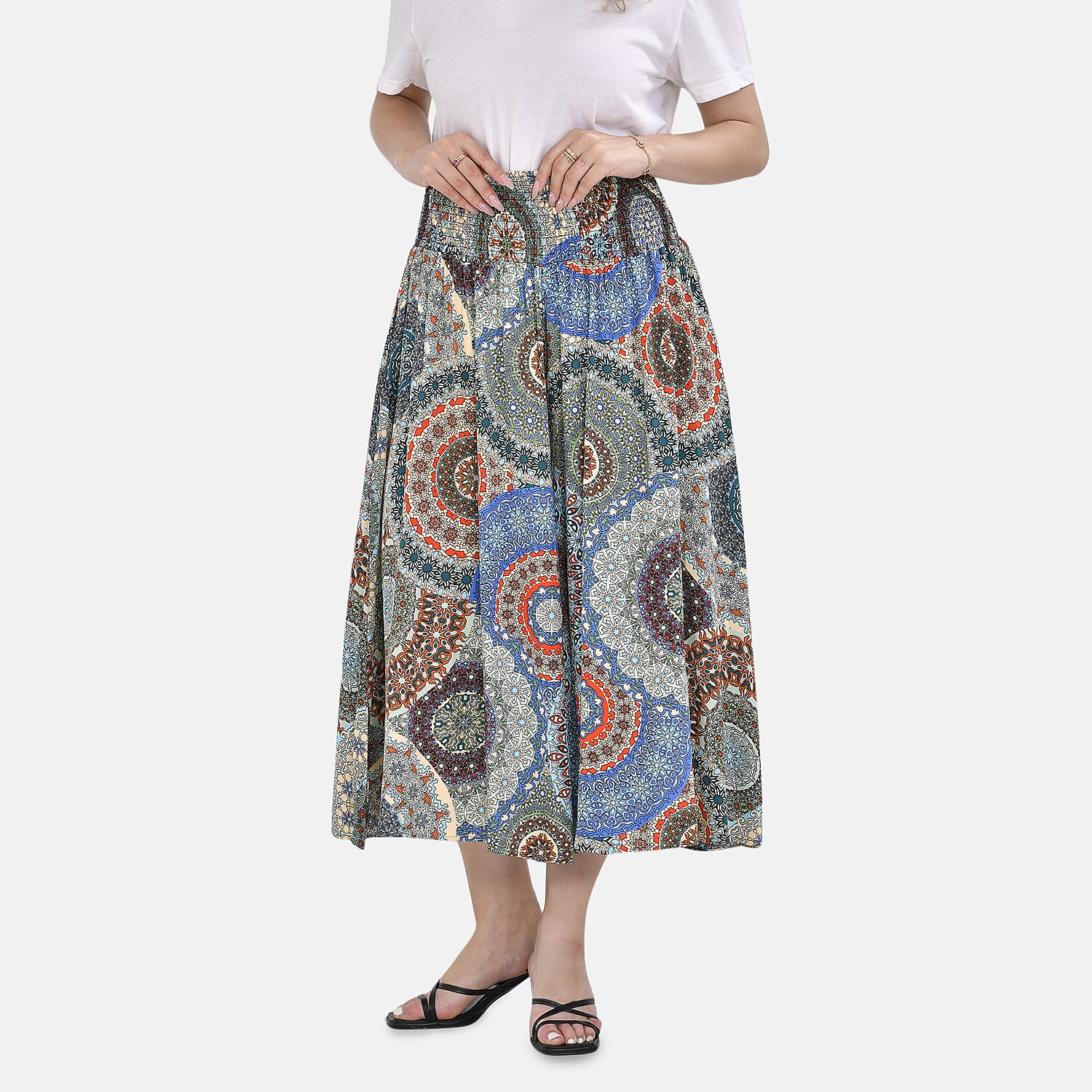 TAMSY 100% Viscose Mandala Pattern Smocked Waist Culotte (One Size Curve) - Blue