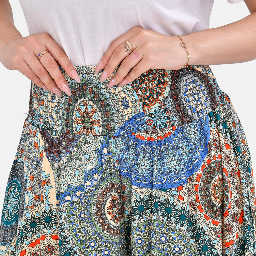 TAMSY 100% Viscose Mandala Pattern Smocked Waist Culotte (One Size Curve) - Blue