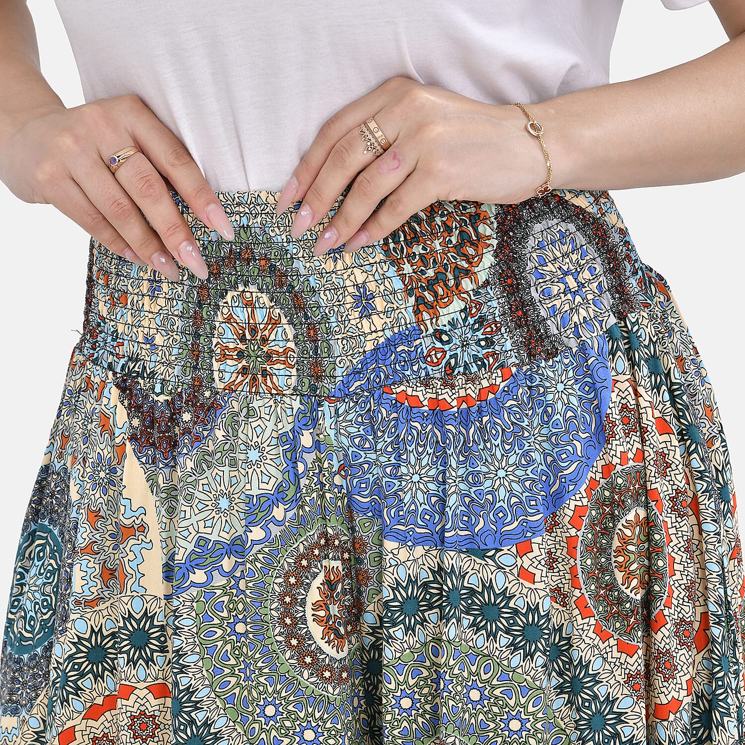 TAMSY 100% Viscose Mandala Pattern Smocked Waist Culotte (One Size Curve) - Blue