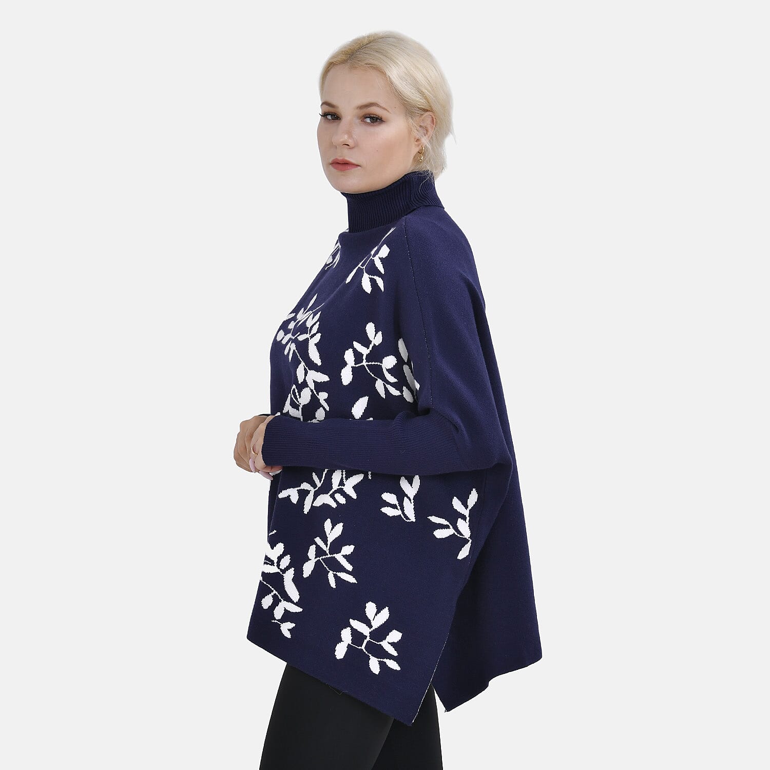 Tamsy Crew Neck Leaf Pattern Stripe Jumper (Size Upto 18) - Blue - White 50% Viscose