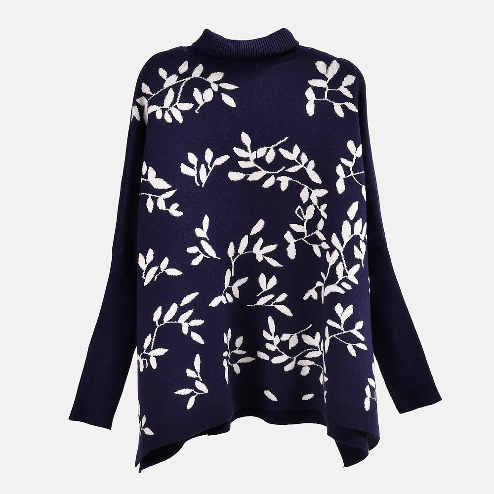 Tamsy Crew Neck Leaf Pattern Stripe Jumper (Size Upto 18) - Blue - White 50% Viscose