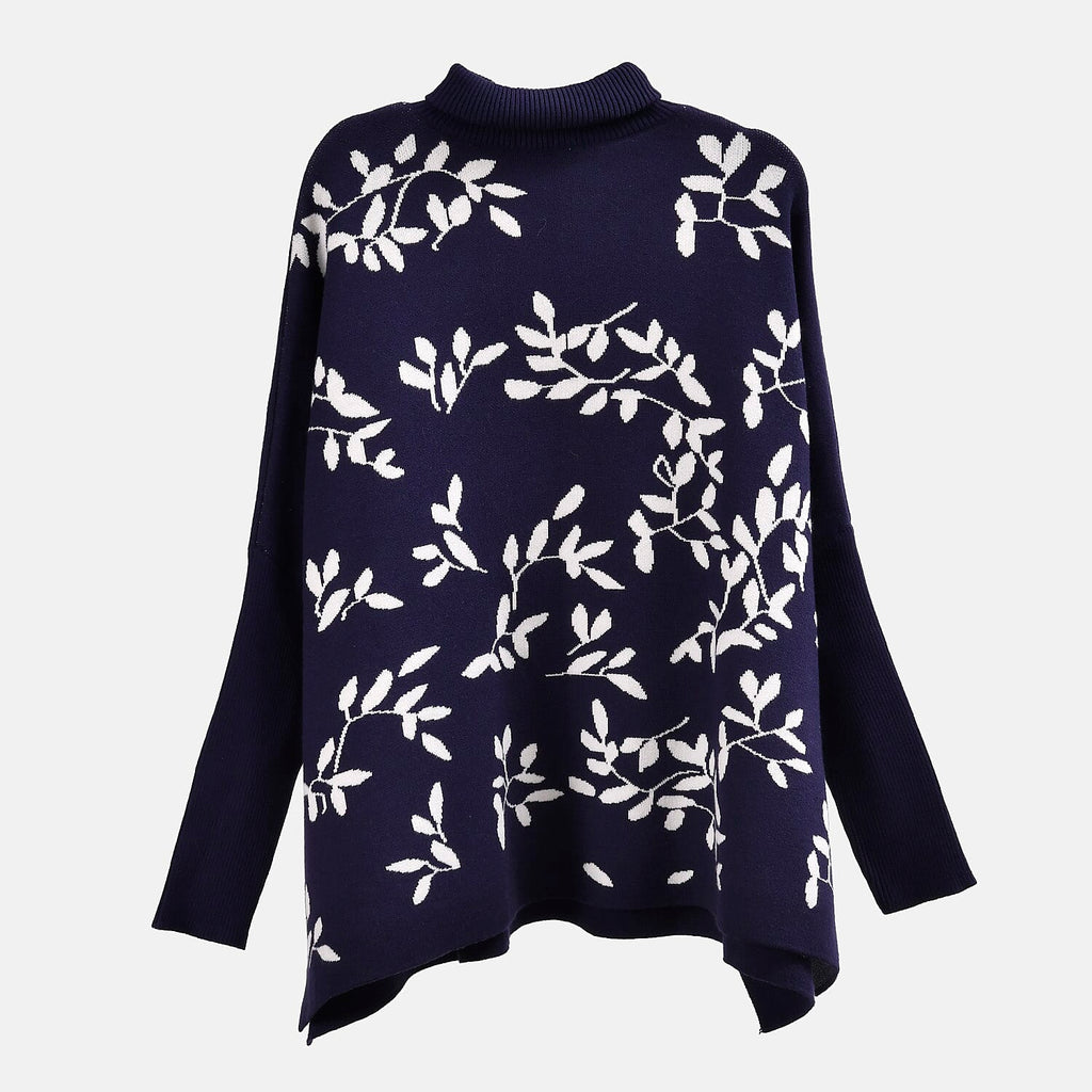 Tamsy Crew Neck Leaf Pattern Stripe Jumper (Size Upto 18) - Blue - White 50% Viscose