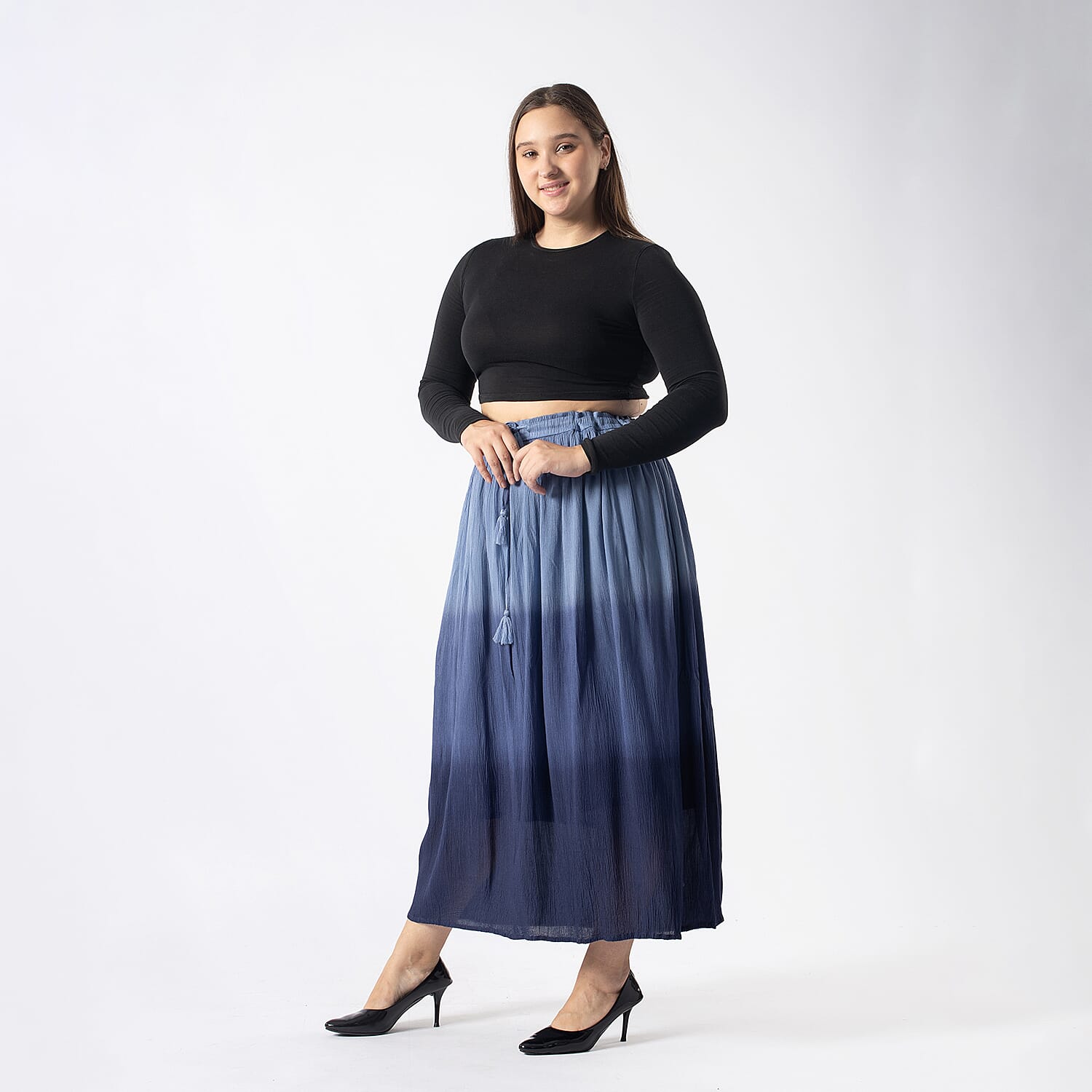 Tamsy Viscose Ombre Long Skirt (Size XXL, 24-26) - Blue Ombre