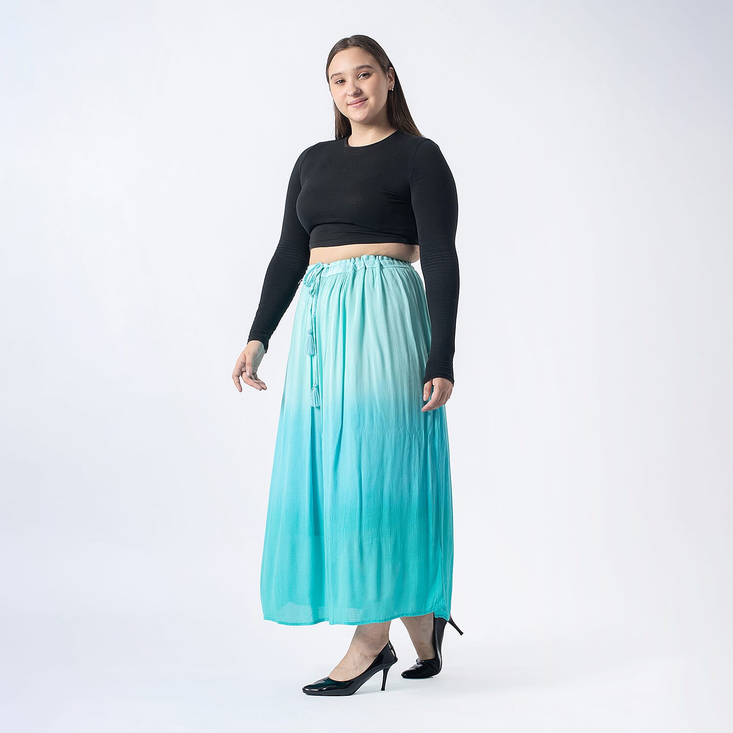 Tamsy Viscose Ombre Long Skirt (Size XL, 20-22) - Turquoise