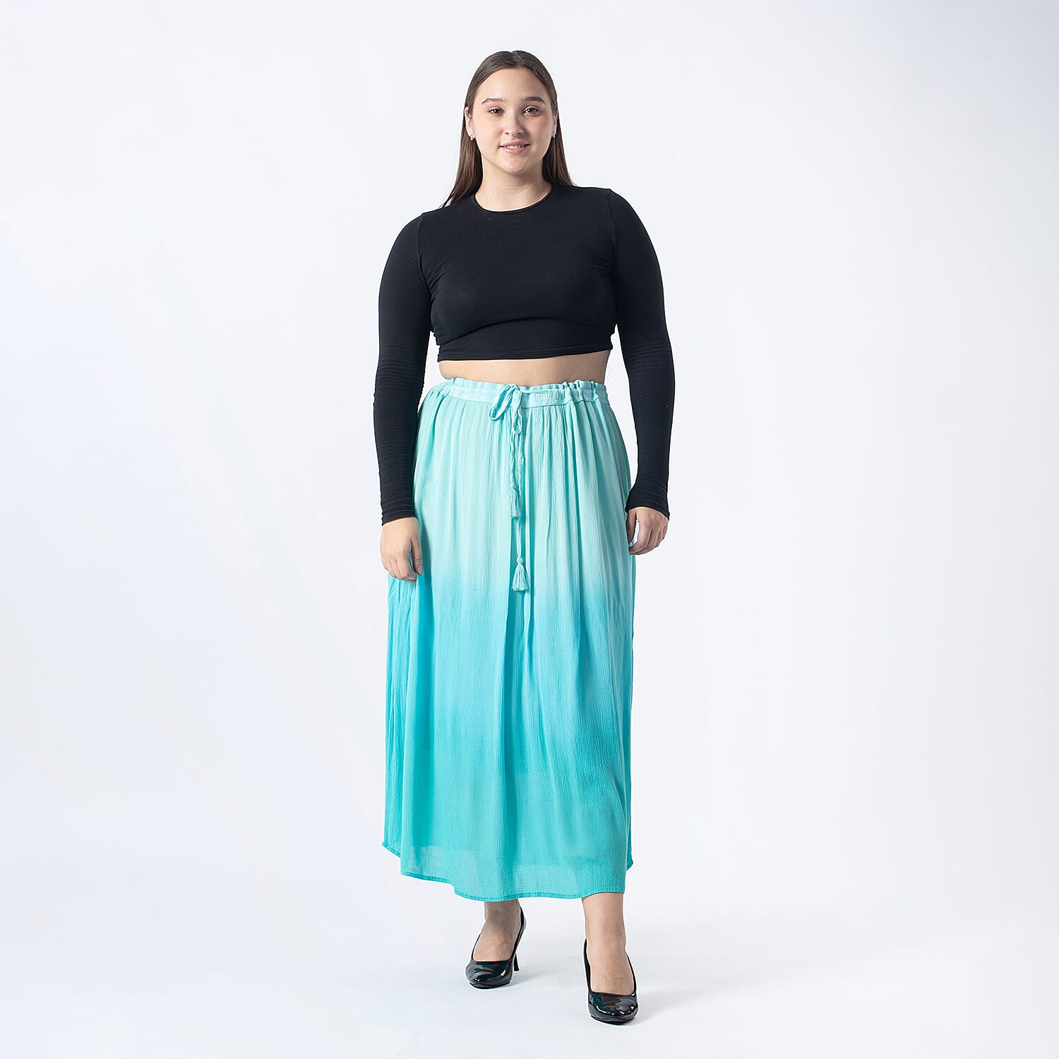 Tamsy Viscose Ombre Long Skirt (Size XXL, 24-26) - Turquoise