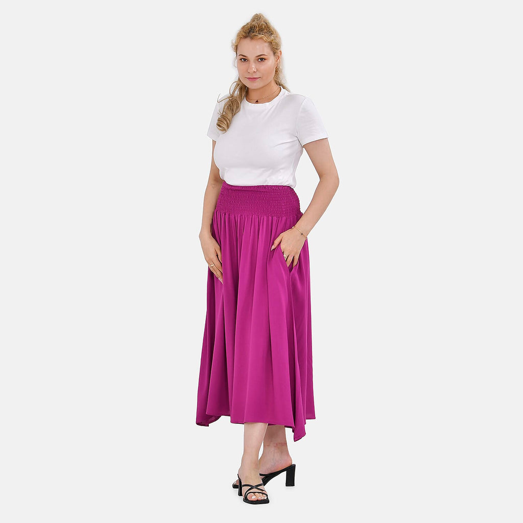Tamsy 100% Viscose Floral Pattern Smocked Waist Culottes (One Size) - Purple