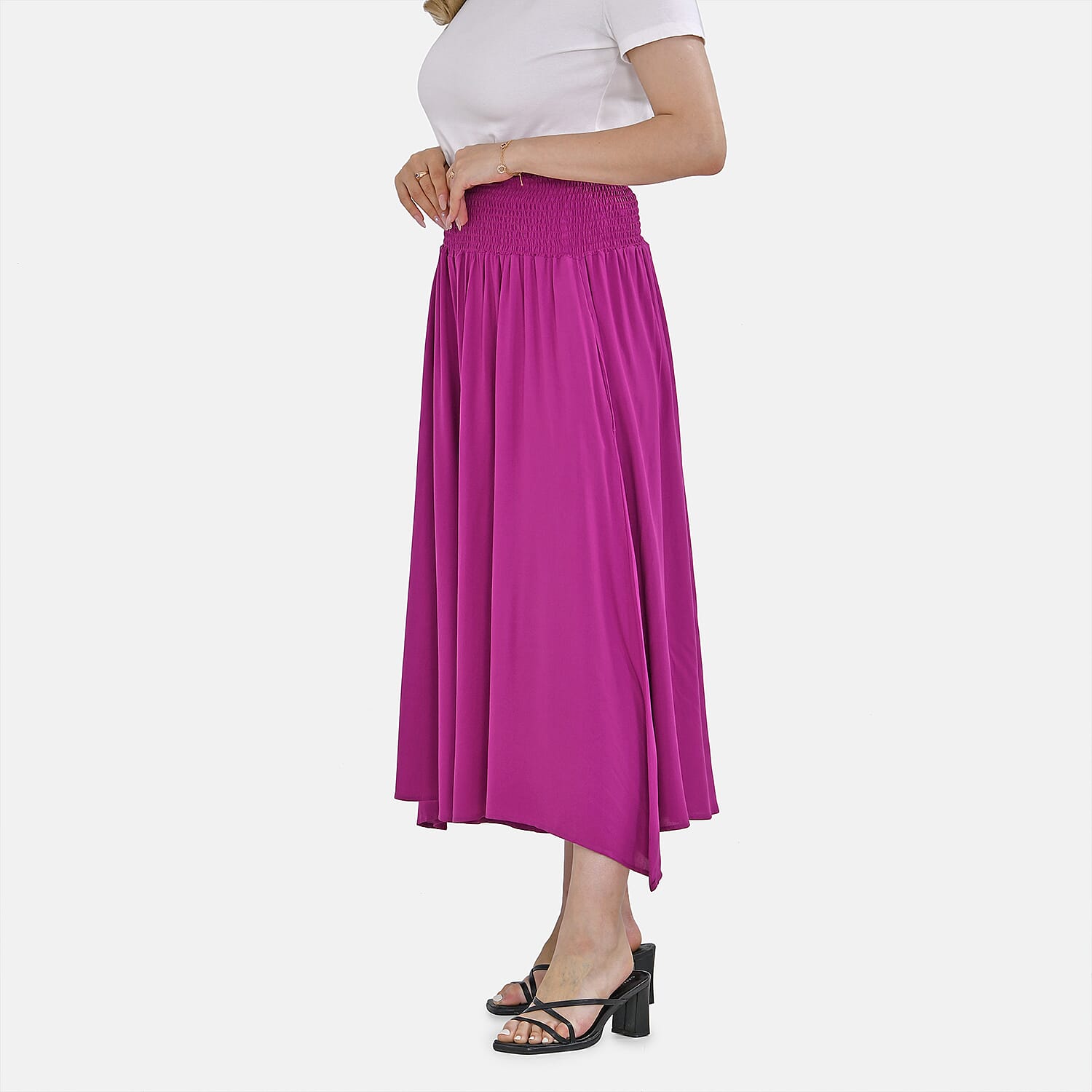 Tamsy 100% Viscose Floral Pattern Smocked Waist Culottes (One Size) - Purple