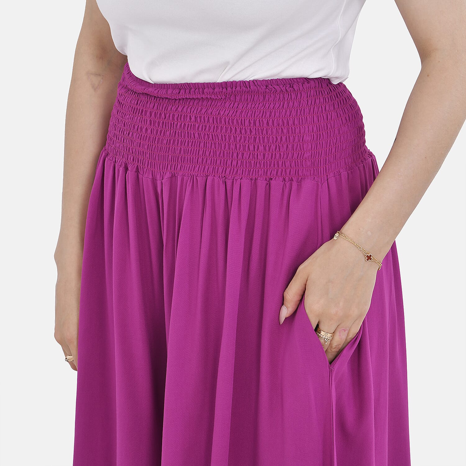 Tamsy 100% Viscose Floral Pattern Smocked Waist Culottes (One Size) - Purple