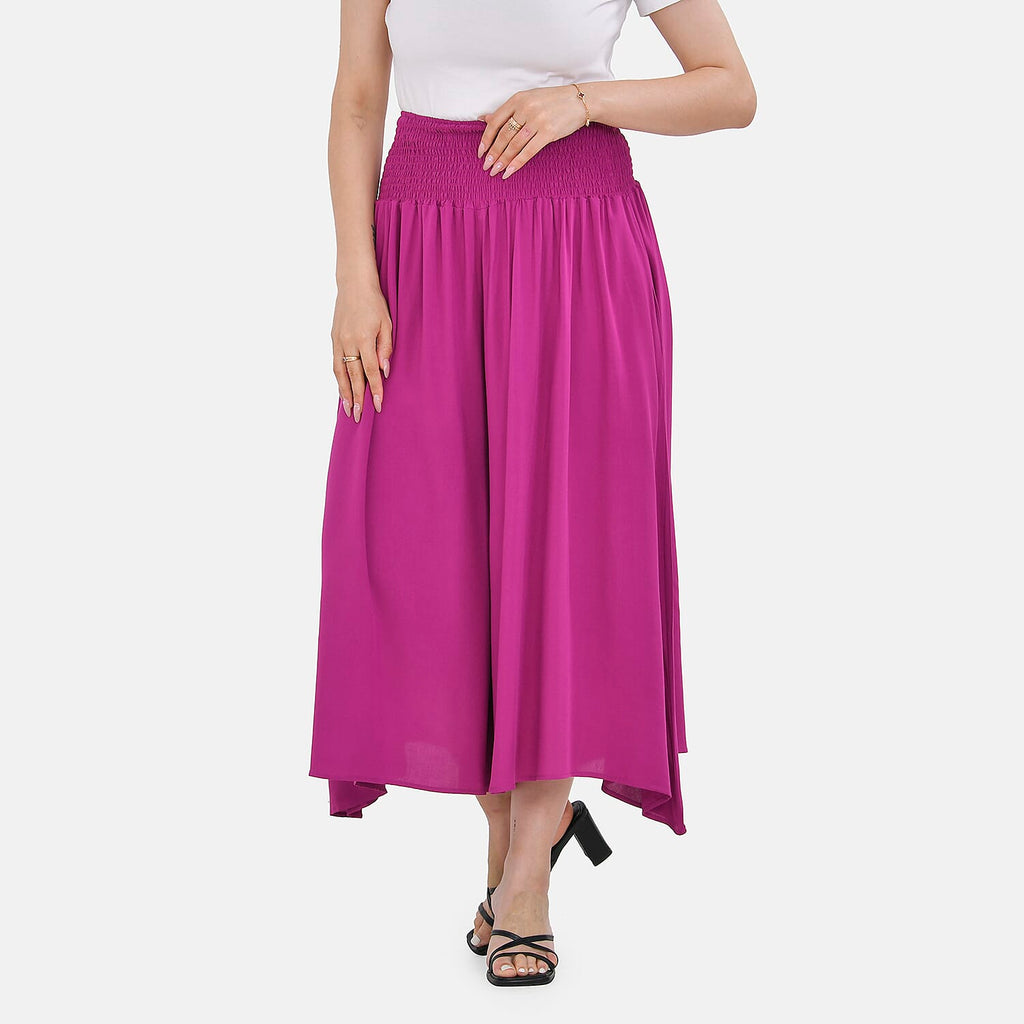 Tamsy 100% Viscose Paisley Pattern Smocked Waist Culottes (Curve Size) - Purple