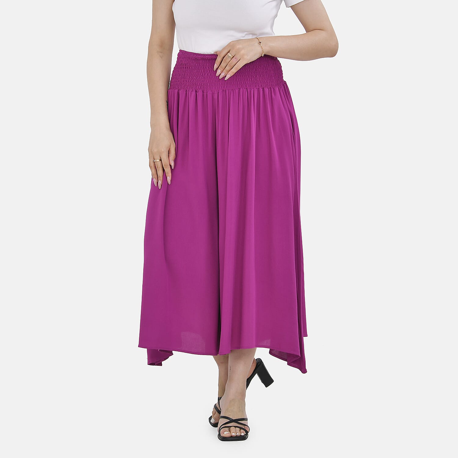 Tamsy 100% Viscose Paisley Pattern Smocked Waist Culottes (Curve Size) - Purple