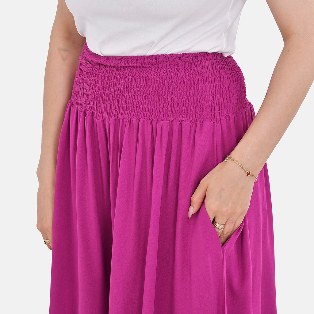 Tamsy 100% Viscose Paisley Pattern Smocked Waist Culottes (Curve Size) - Purple