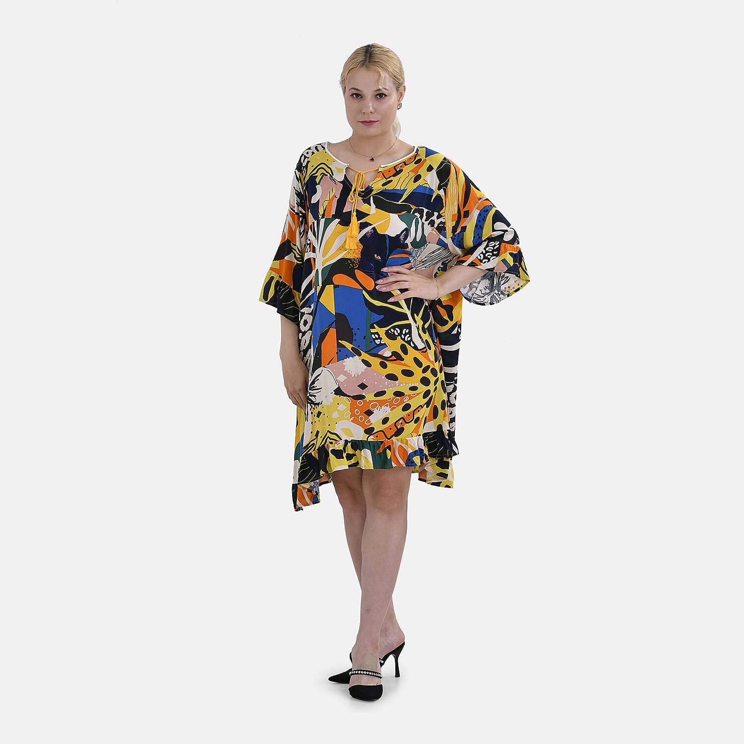 Closeout Deal 100% Viscose Womens Printed R-Neck Top (One Size) - Black & Multi