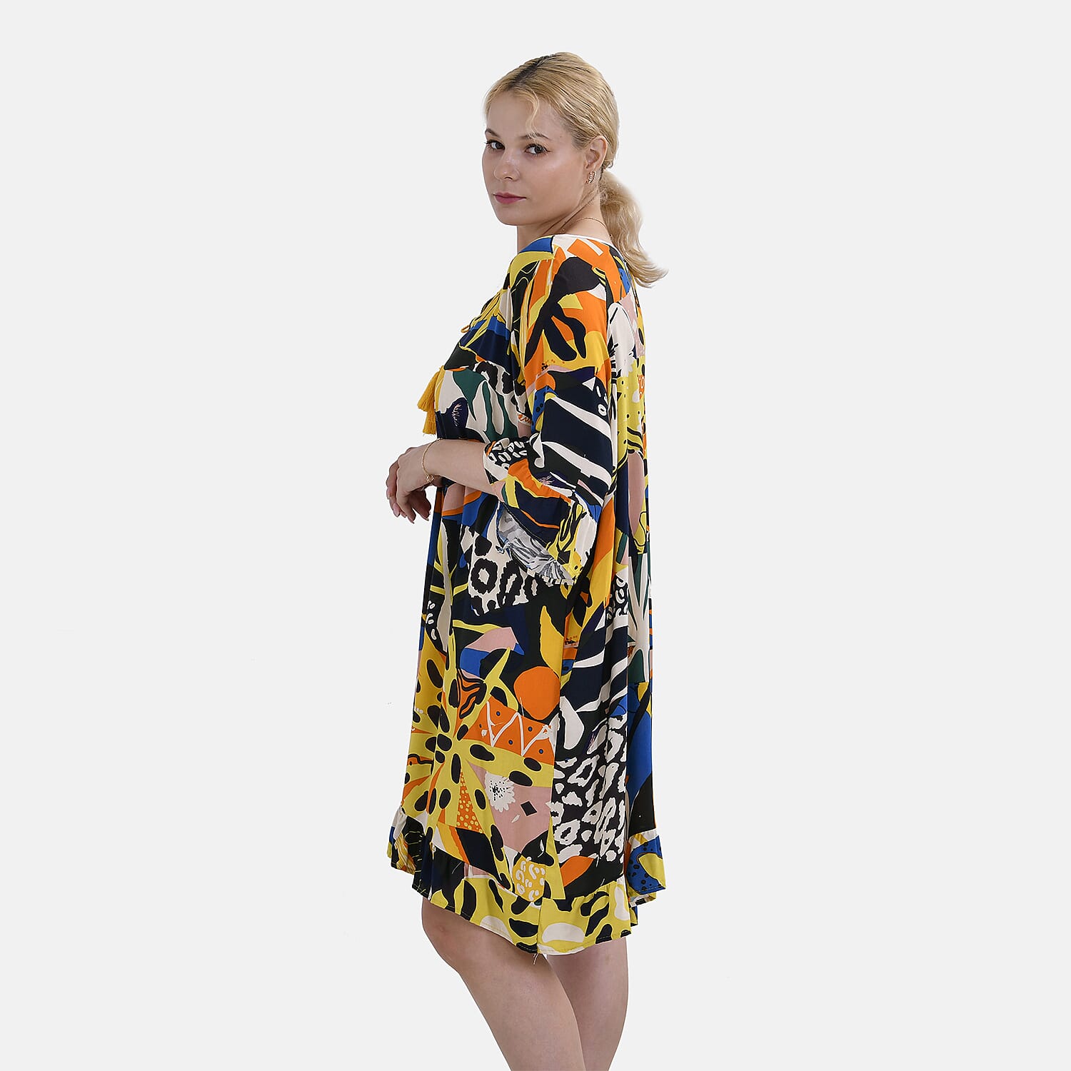 Closeout Deal 100% Viscose Womens Printed R-Neck Top (One Size) - Black & Multi