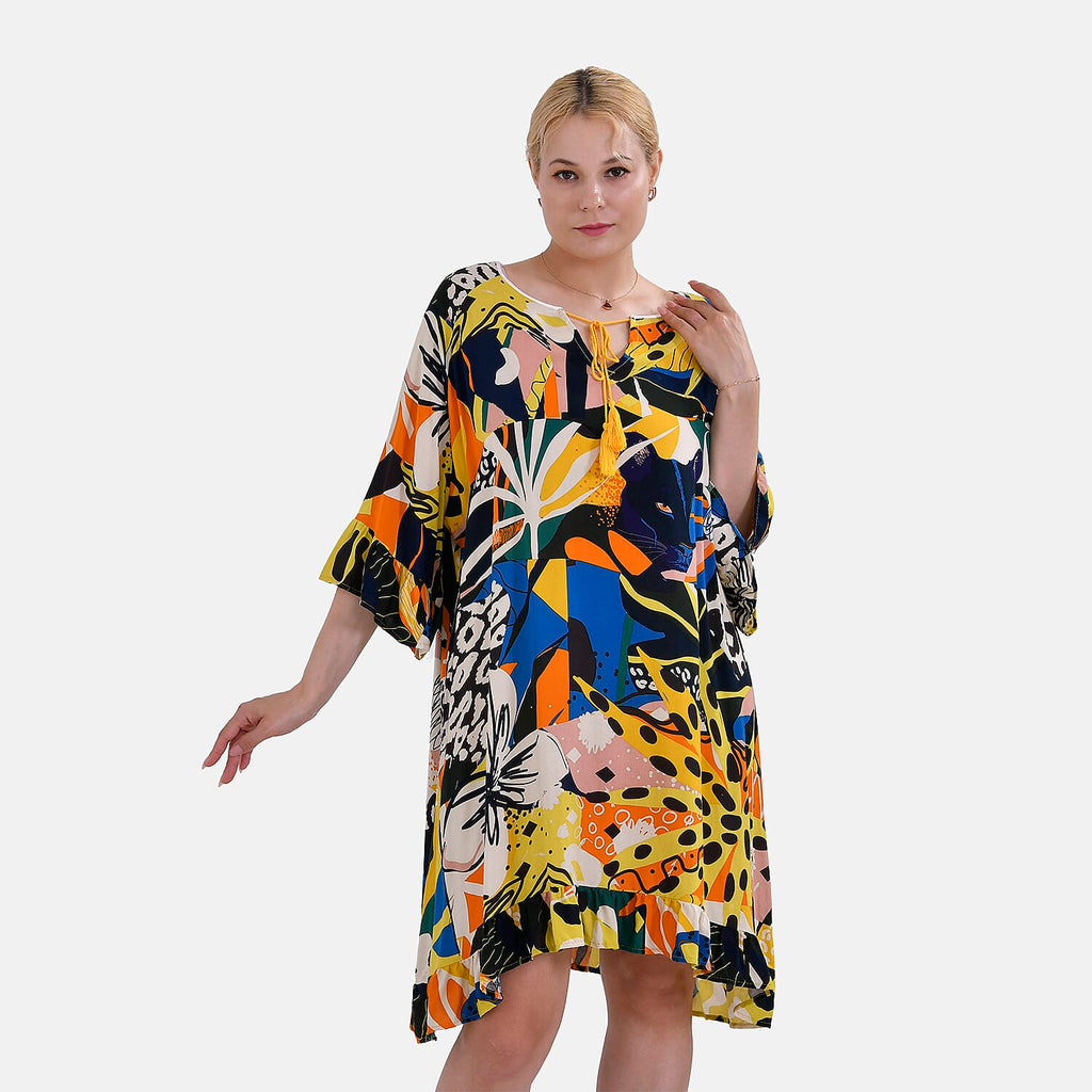 Closeout Deal 100% Viscose Womens Printed R-Neck Top (One Size) - Black & Multi