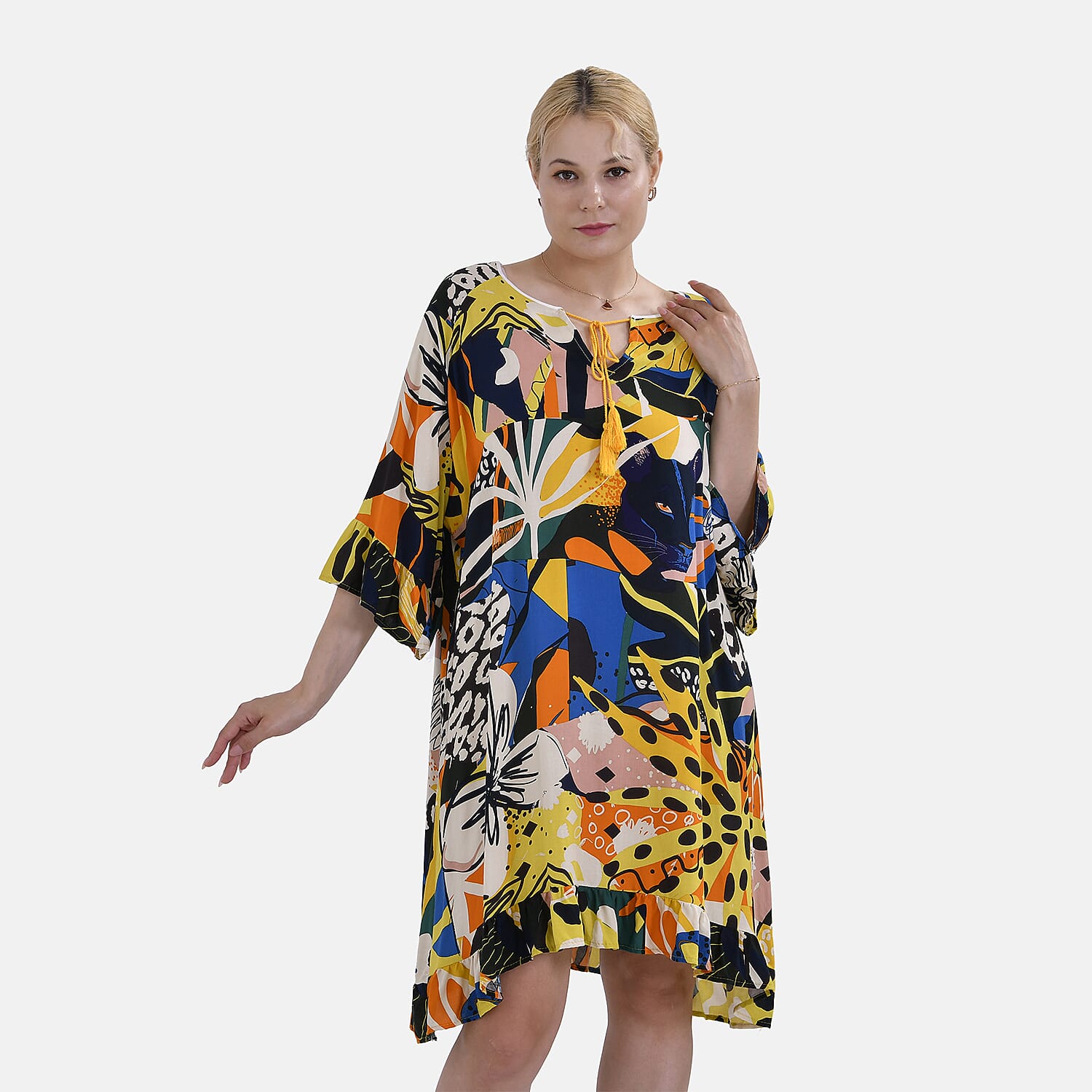 Closeout Deal 100% Viscose Womens Printed R-Neck Top (One Size) - Black & Multi