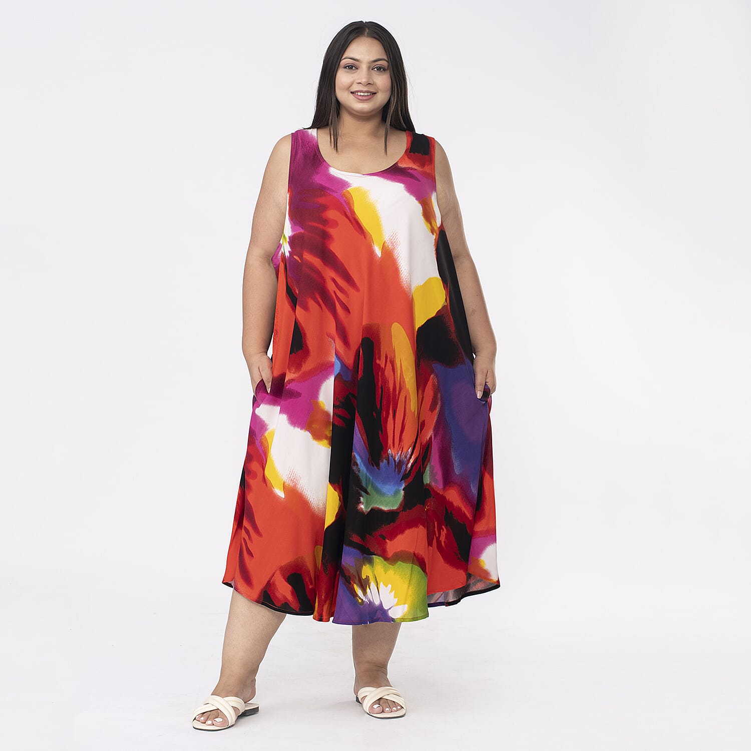 Tamsy 100% Viscose Midi Umbrella Dress with Pockets (One Size 8-18) - Orange & Multi