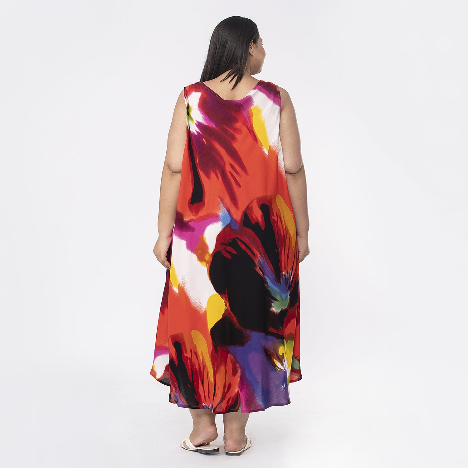 Tamsy 100% Viscose Midi Umbrella Dress with Pockets (One Size 8-18) - Orange & Multi