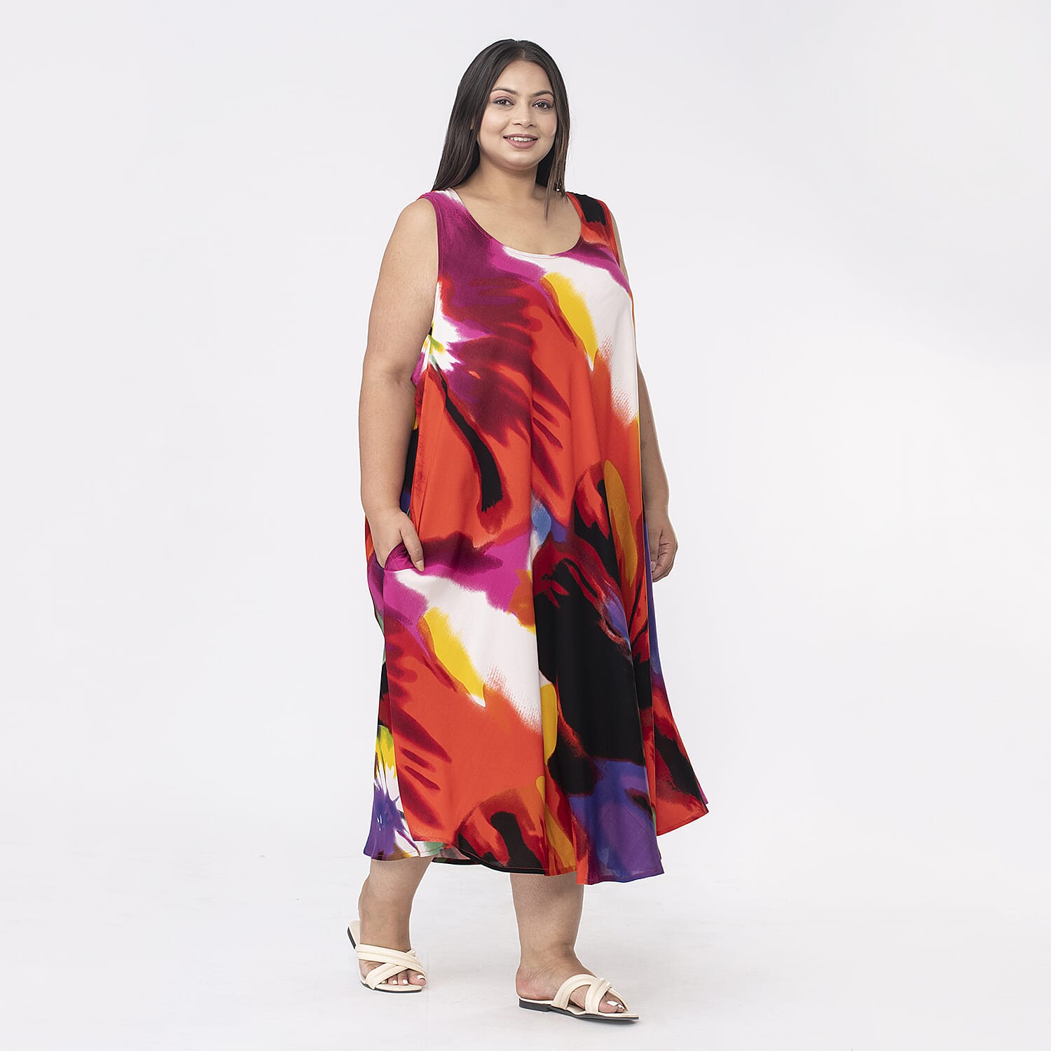 Tamsy 100% Viscose Midi Umbrella Dress with Pockets (One Size 8-18) - Orange & Multi