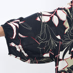 Tamsy 100% Viscose Full Sleeves Neutral Leaf Printed Dress With Elastic at Sleeve Opening (One Size, 8-18) - Black & Multi