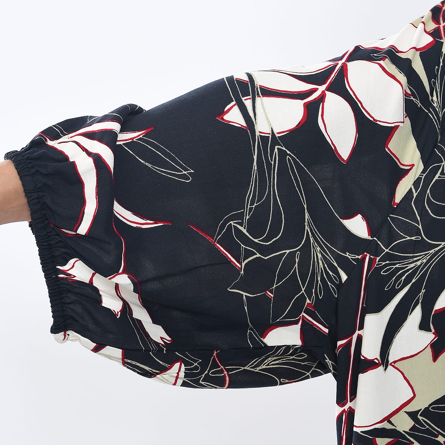 Tamsy 100% Viscose Full Sleeves Neutral Leaf Printed Dress With Elastic at Sleeve Opening (One Size, 8-18) - Black & Multi