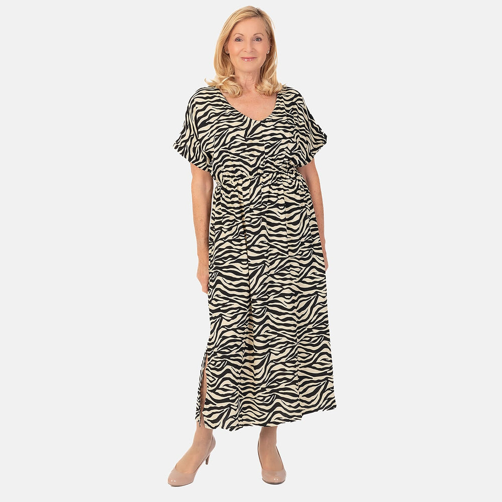 TAMSY 100% Viscose Printed Dress with Elastic At Waist (One Size Curve) - Beige - Black