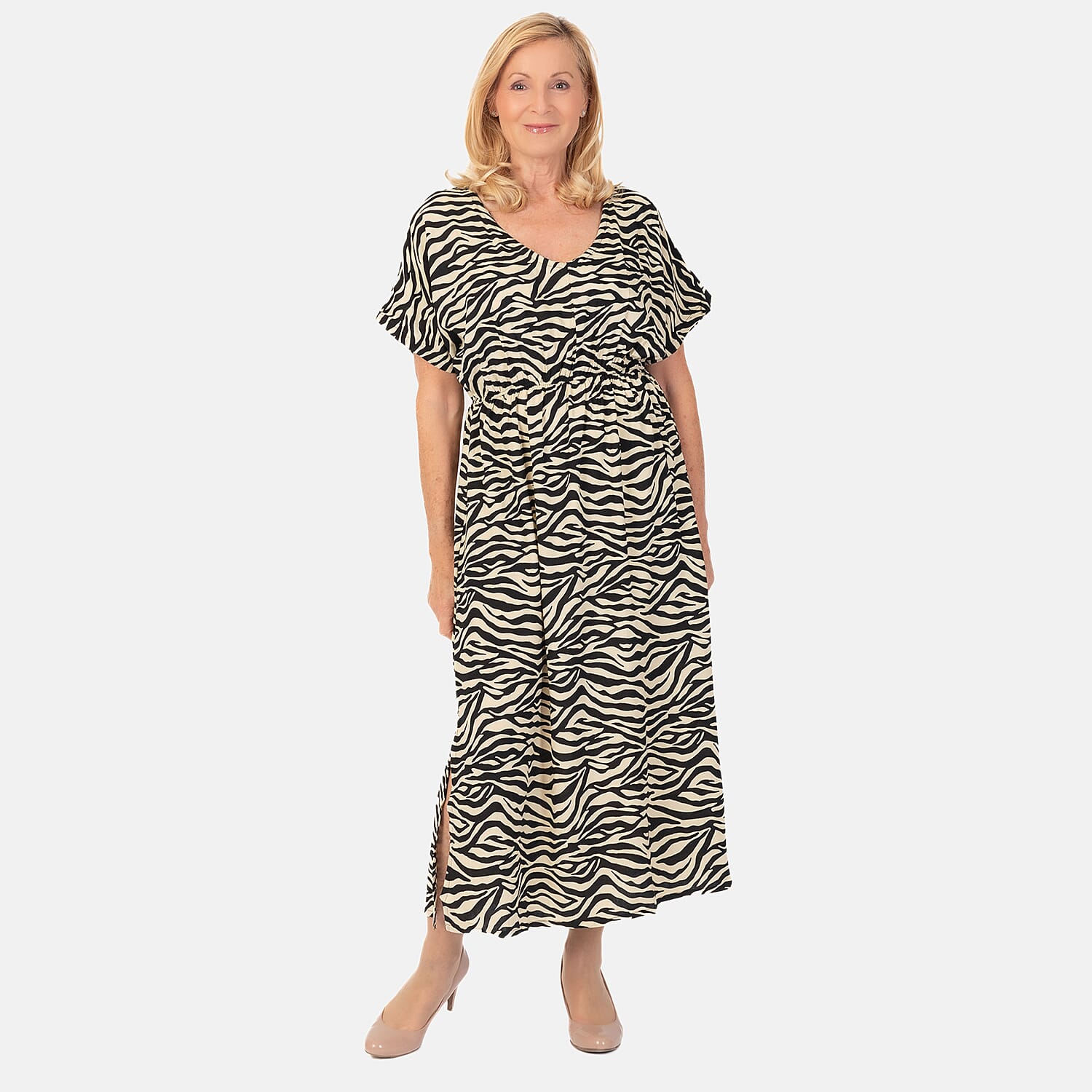 TAMSY 100% Viscose Printed Dress with Elastic At Waist (One Size Curve) - Beige - Black