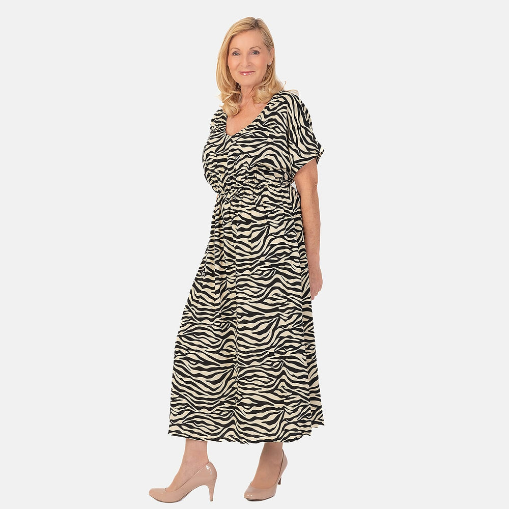 TAMSY 100% Viscose Printed Dress with Elastic At Waist (One Size Curve) - Beige - Black