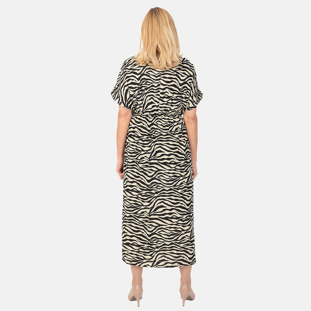 TAMSY 100% Viscose Printed Dress with Elastic At Waist (One Size Curve) - Beige - Black