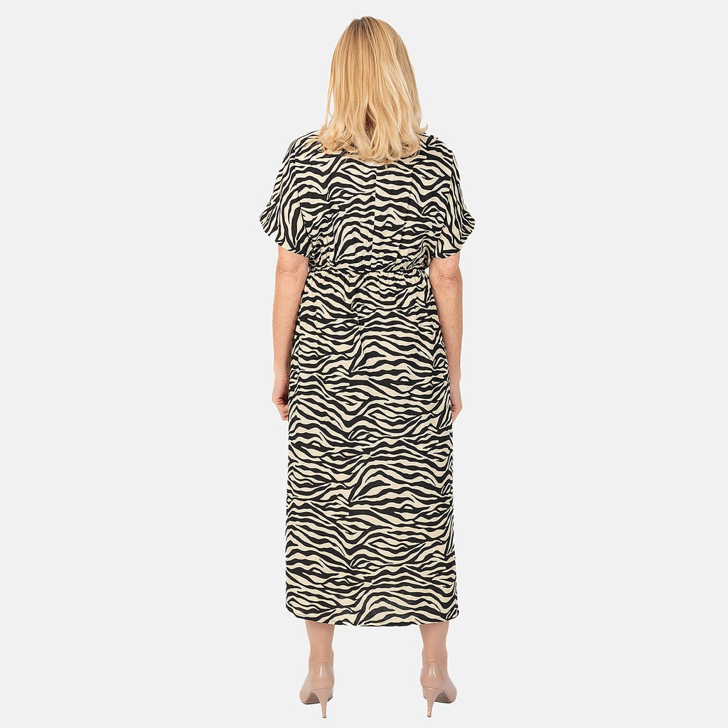 TAMSY 100% Viscose Printed Dress with Elastic At Waist (One Size Curve) - Beige - Black
